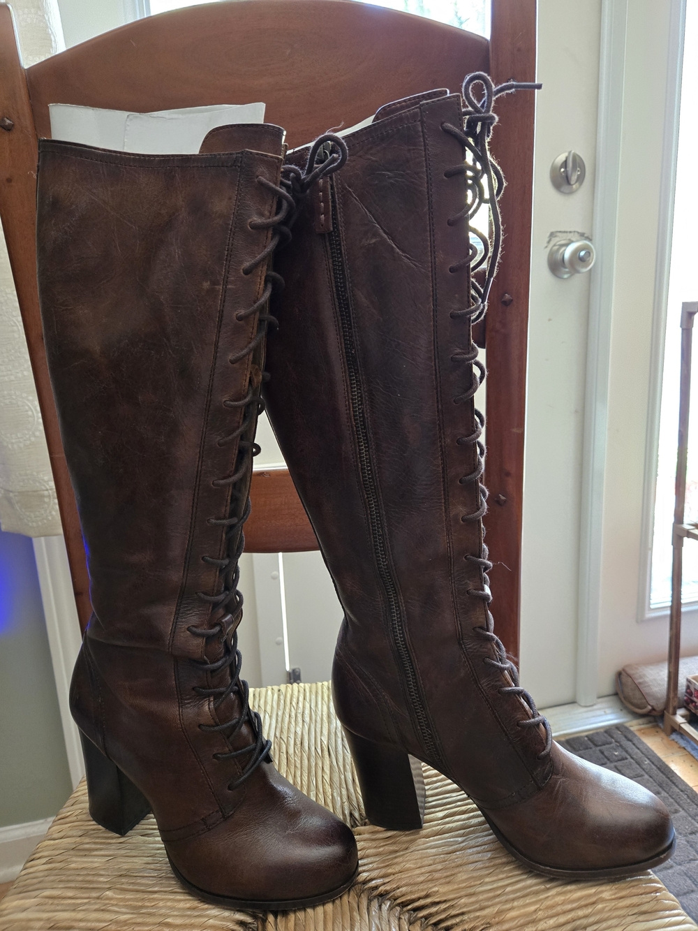 Frye Dark Brown Lace-Up Knee-High Leather Boots